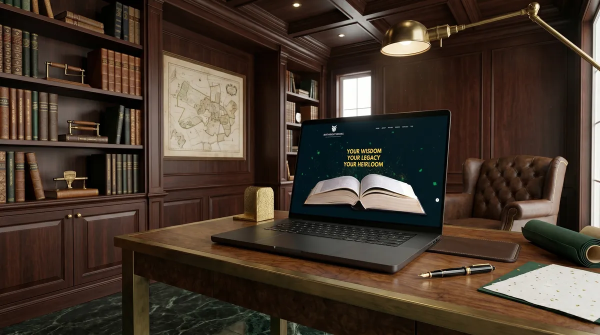 Birthright Books boutique memoir and legacy publishing house website designed and developed by OgreLogic, shown on a laptop