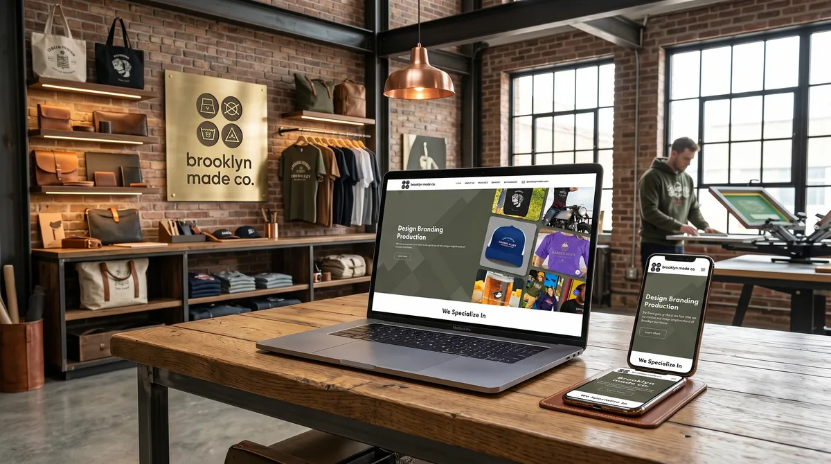 Brooklyn Made Co. branding and merchandising agency website redesigned by OgreLogic, shown on a laptop