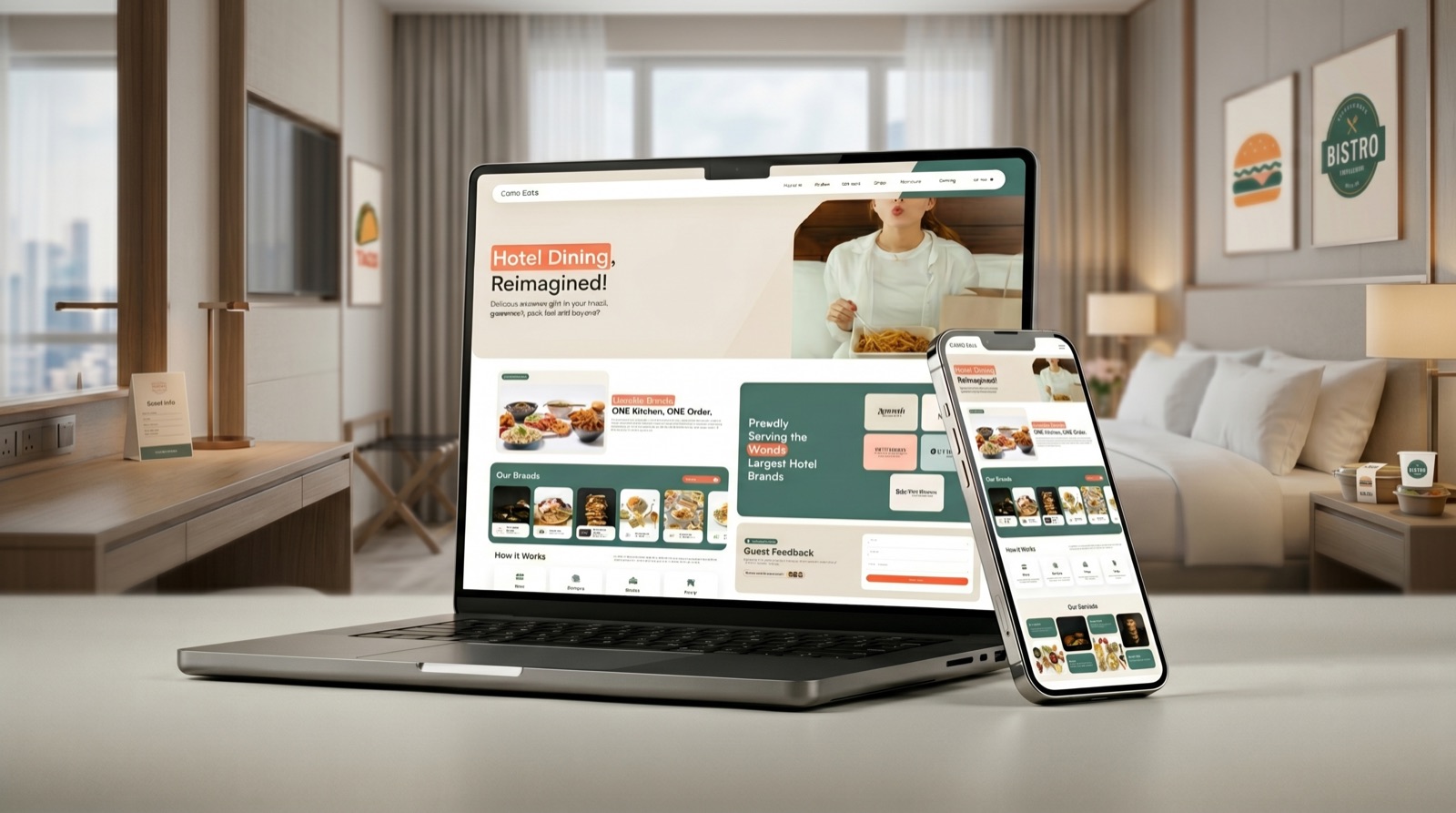 CamoEats hotel dining website built by OgreLogic, shown on a laptop and phone