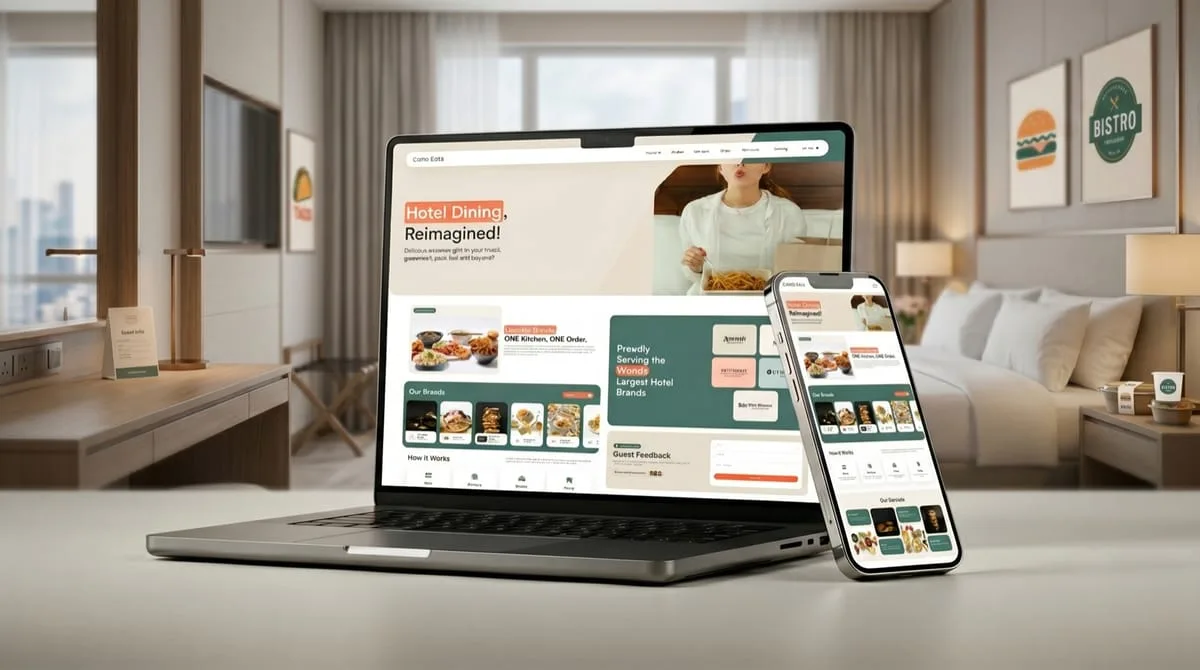 CamoEats hotel dining website built by OgreLogic, shown on a laptop and phone