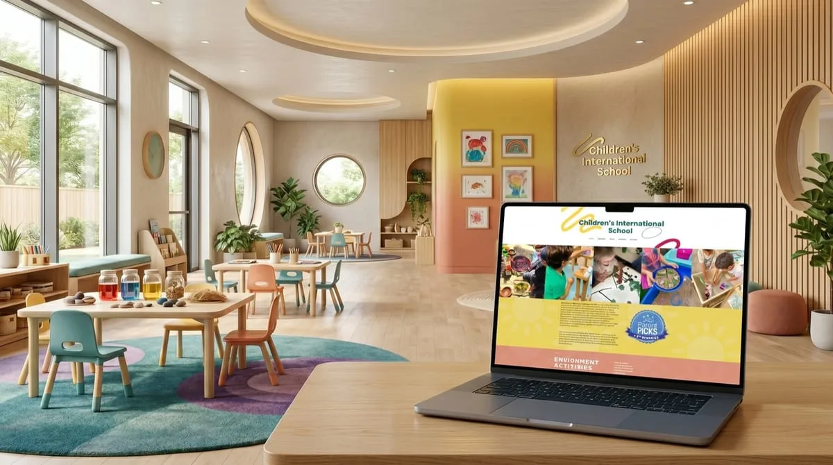 Children's International School preschool website refreshed by OgreLogic, shown on a laptop