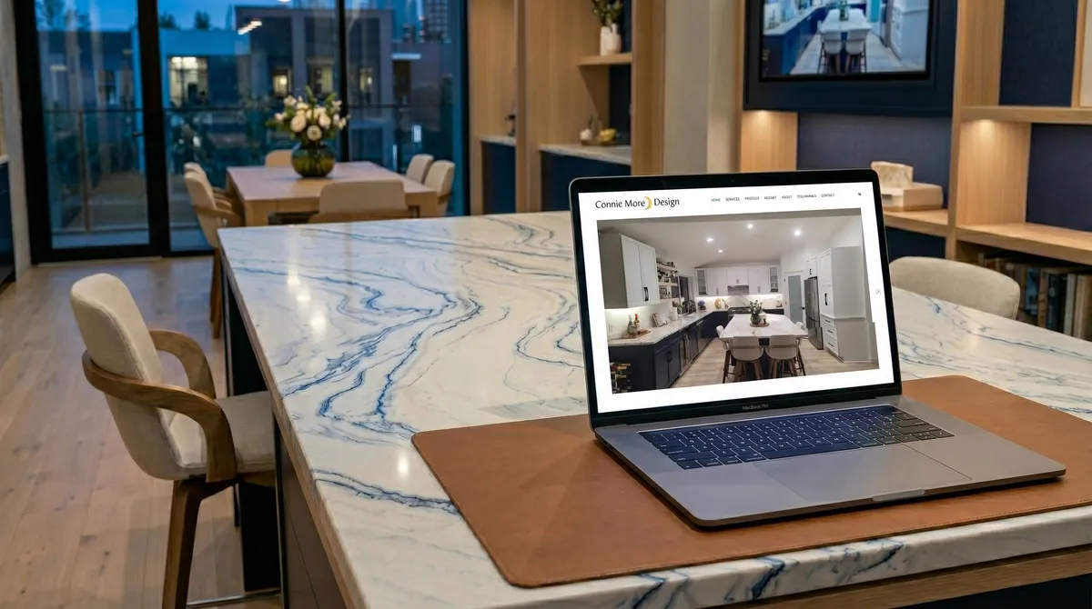 Connie Moon Design home remodeling and interior design firm website redesigned by OgreLogic, shown on a laptop