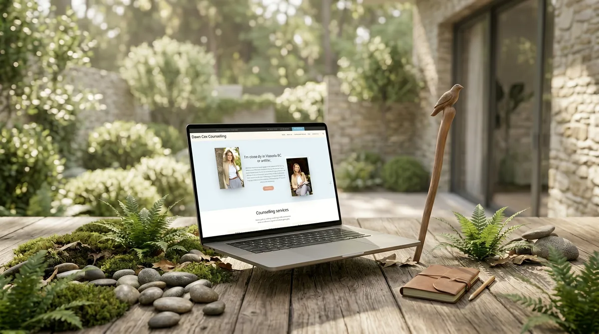 Dawn Cox Counselling mental health practice website designed and developed by OgreLogic, shown on a laptop