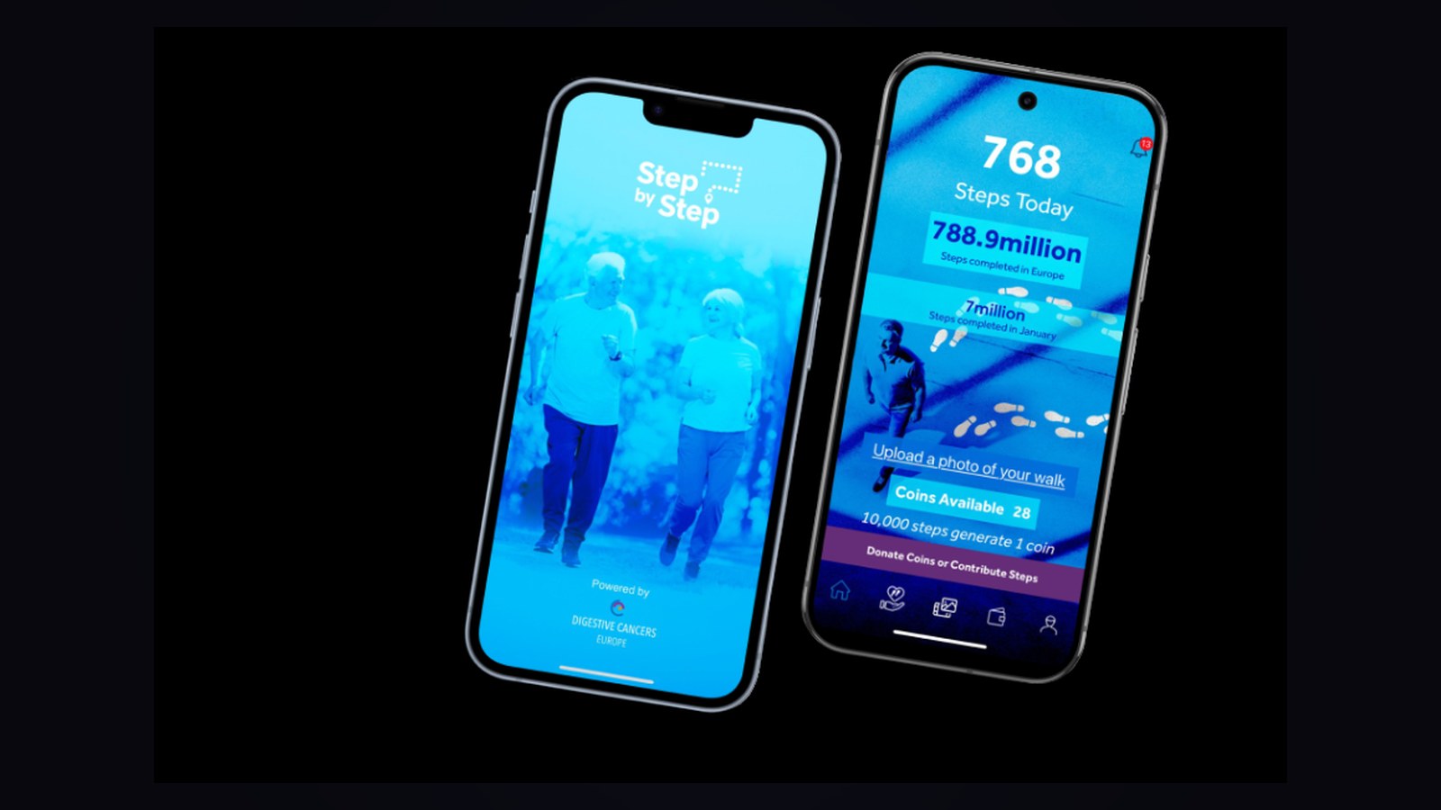 DiCE Step by Step fitness and fundraising app built and maintained by OgreLogic for Digestive Cancers Europe, shown on two iPhones