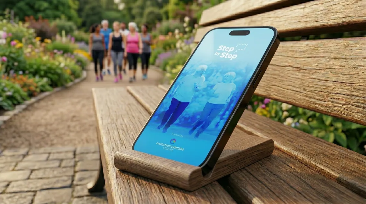 DiCE Step by Step fitness and fundraising app built and maintained by OgreLogic for Digestive Cancers Europe, shown on two iPhones