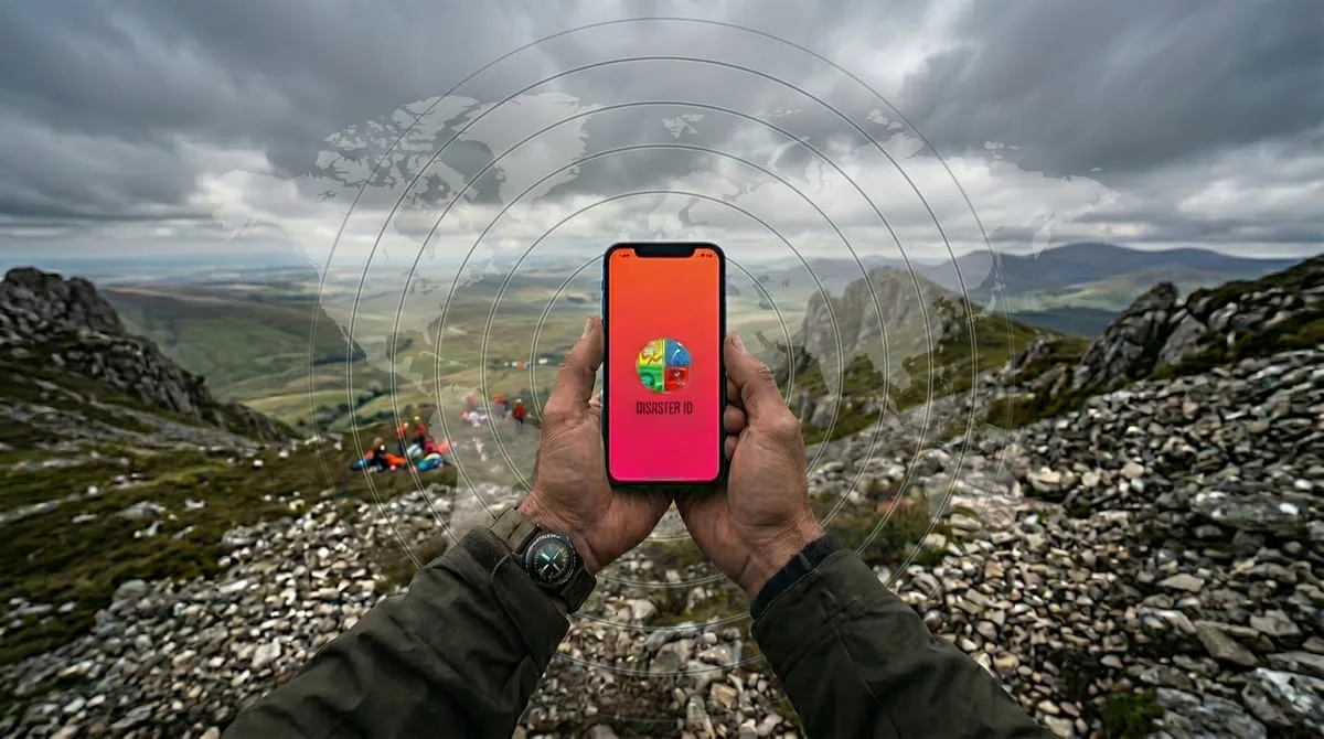 Disaster ID public safety app built by OgreLogic, shown on a phone held up in a remote outdoor setting