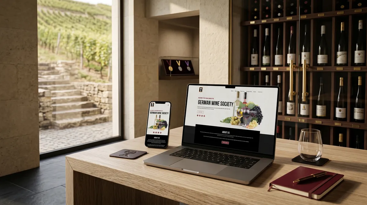 Washington DC German Wine Society nonprofit membership website restored by OgreLogic, shown on a laptop