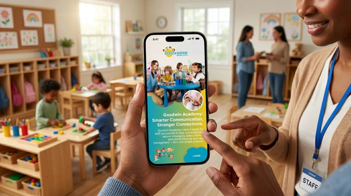 Goodwin Academy daycare staff and parent communication app built by OgreLogic, shown on a phone in a classroom