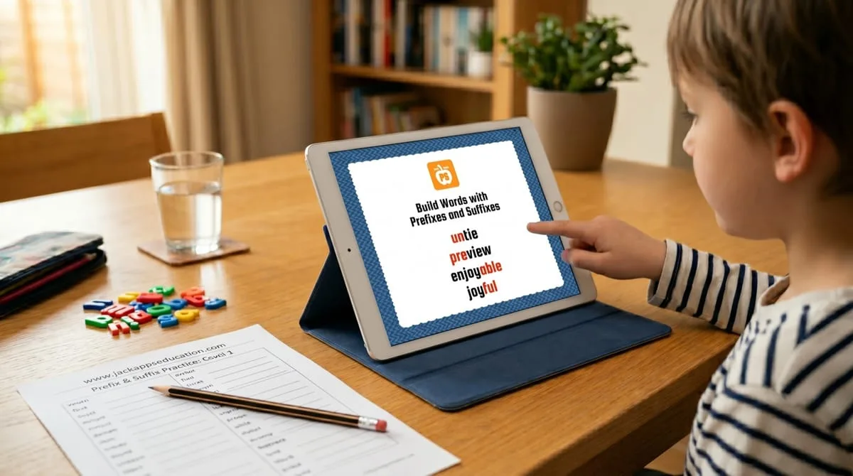 Jack Apps Education word-building literacy app for kids, built by OgreLogic, shown on an iPad