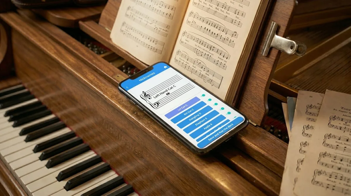 Joe's Piano note-reading flashcard app built by OgreLogic, shown on a phone resting on a piano