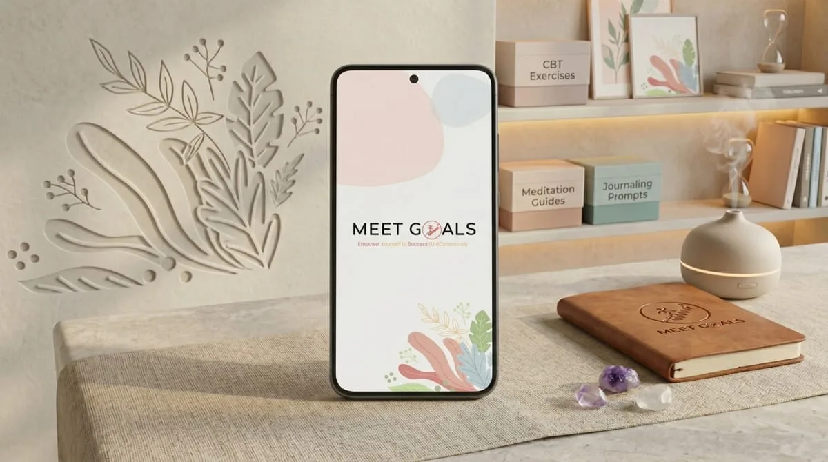 MeetGoals meditation and personal-growth app built by OgreLogic, shown on a phone in a wellness setting