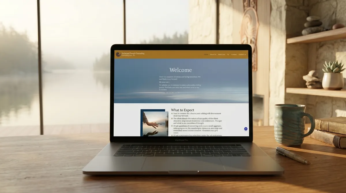 On Second Thought Counselling online therapy practice website redesigned by OgreLogic, shown on a laptop