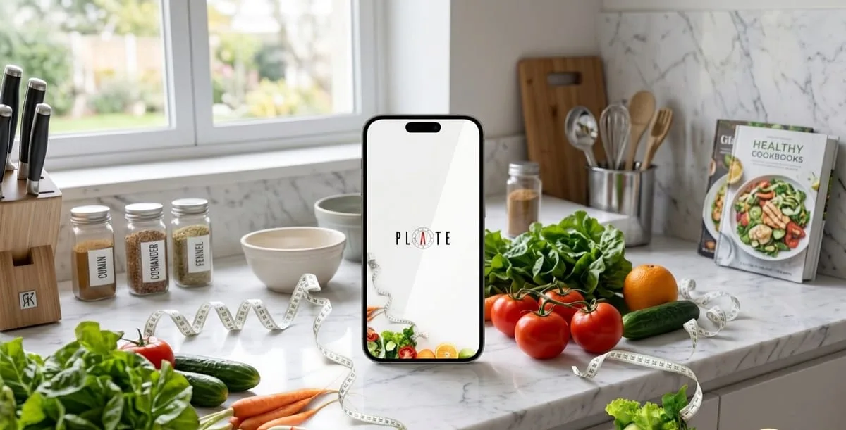 Plate by Prime Women recipe subscription app built by OgreLogic, shown on a phone in a kitchen
