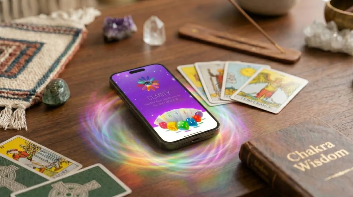 Play Clarity dice rolling app built by OgreLogic, shown on a phone among tarot cards and crystals