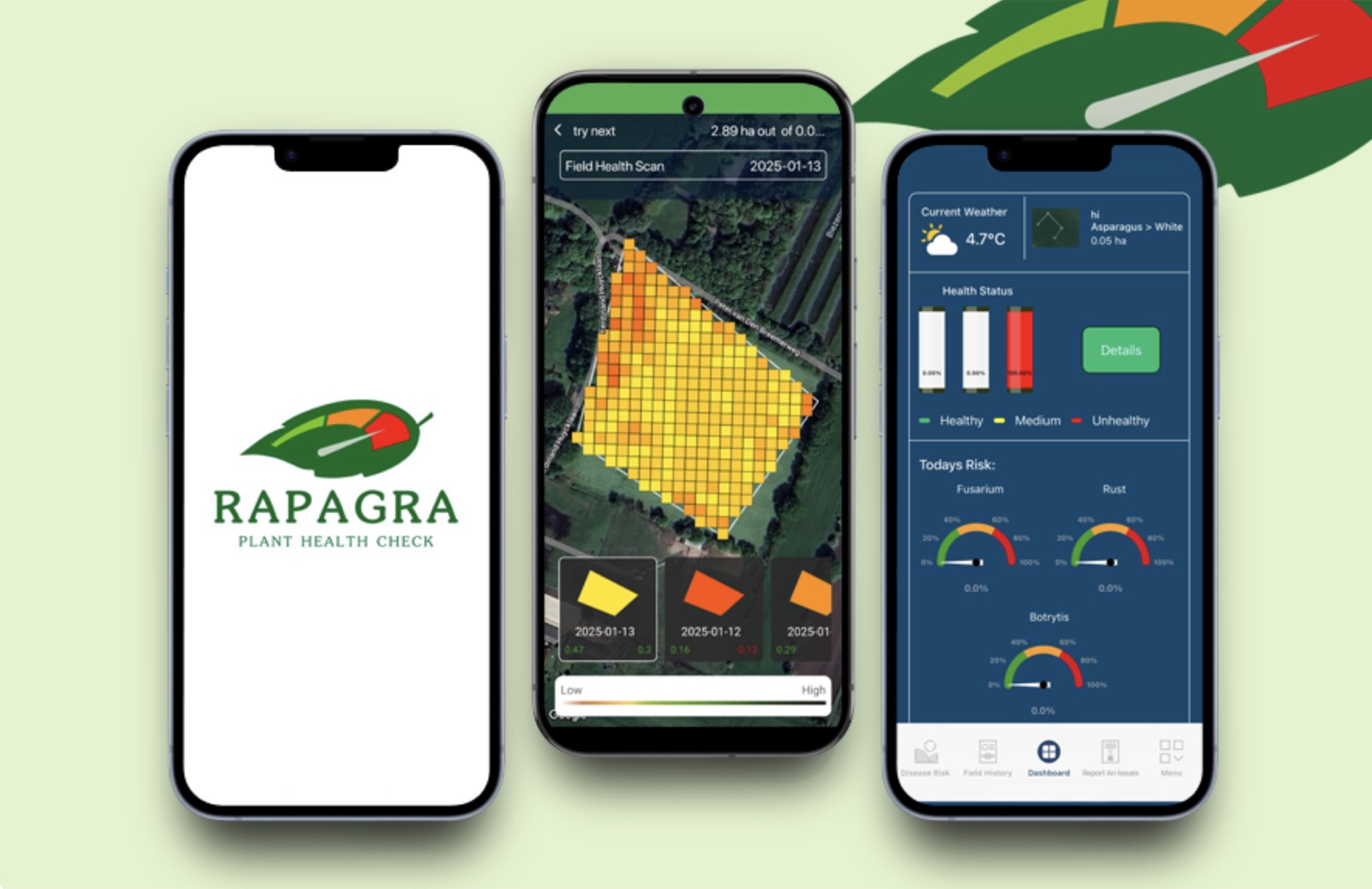 Rapagra plant health check app built by OgreLogic, showing a field health scan heatmap and crop disease risk dashboard on three iPhones