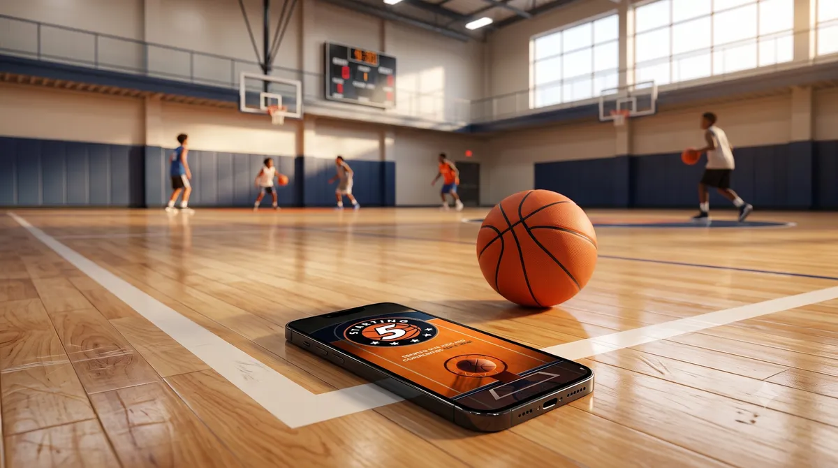 Starting 5 basketball training app built by OgreLogic for iOS and Android, shown on a phone on an indoor basketball court