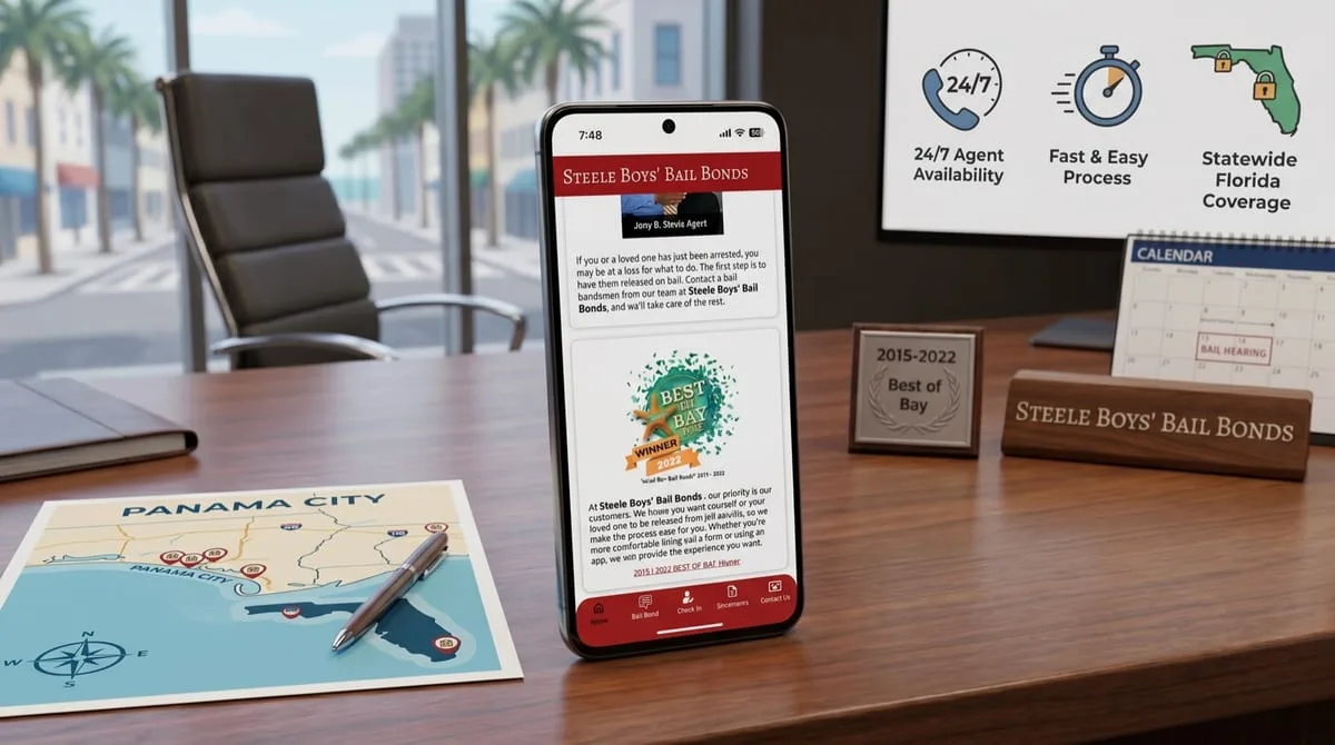 Steele Boys Bail Bonds mobile app with check-in and forms, built by OgreLogic, shown on a phone