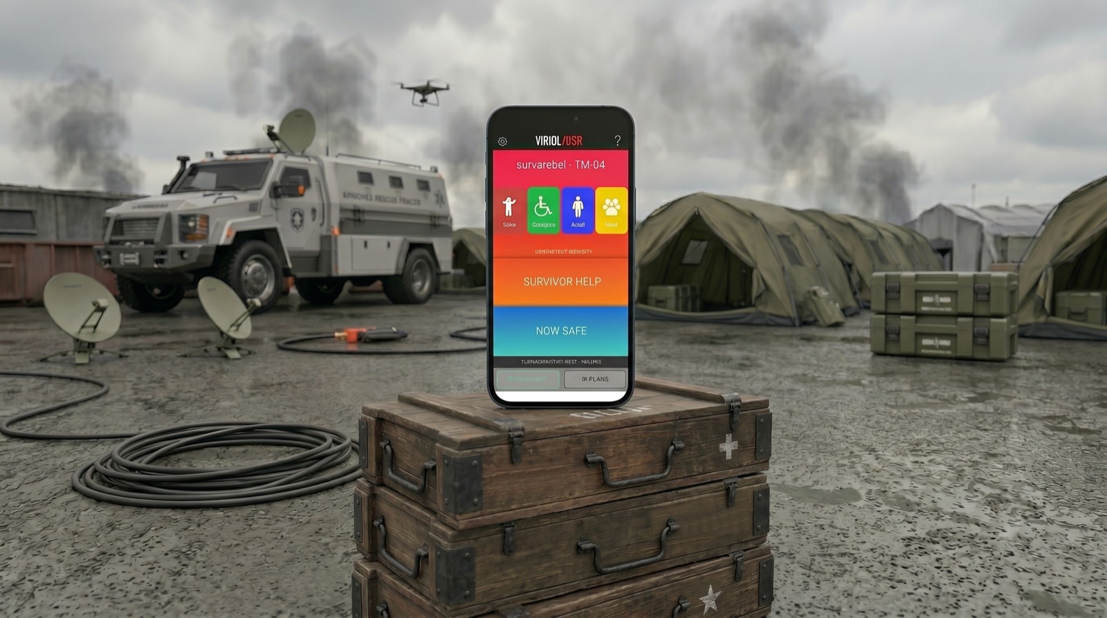 Visual 911 Plus emergency response app built by OgreLogic, shown on a phone at a disaster response site