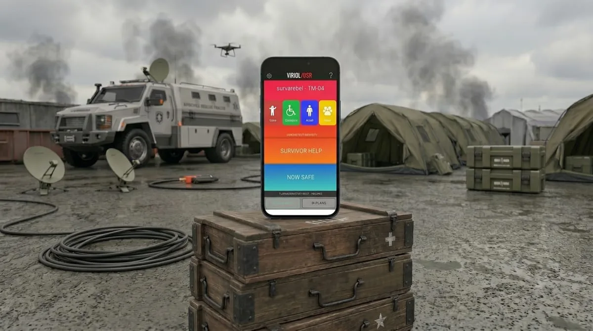 Visual 911 Plus emergency response app built by OgreLogic, shown on a phone at a disaster response site