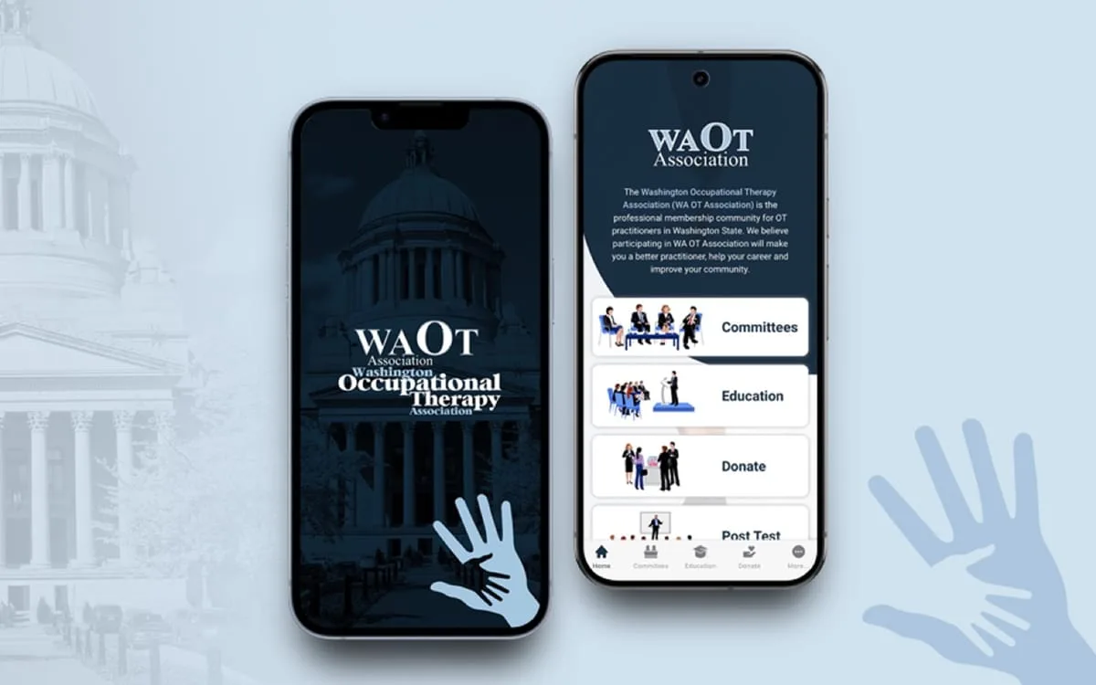 Washington Occupational Therapy Association member app built by OgreLogic, shown on two phones